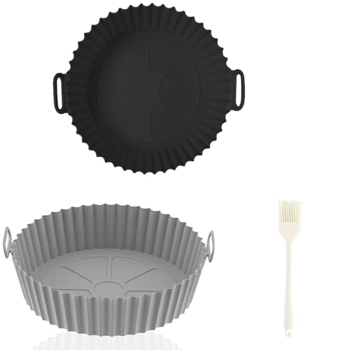 UEPOA 2 Stück Silikonform Luftfritteuse, Utensilien Form Airfryer Zubehör Luftfritteuse Wiederverwendbare Tablett Behälter und Bürsten Formen für Air Fryer Mikrowelle Ofen (Schwarz, Grau) von UEPOA