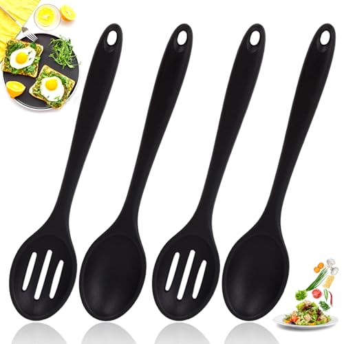 Kochlöffel Silikon, Mixing Spoons Hitzebeständig Rührlöffel mit Loch Mischlöffel Schwarz Servierlöffel Kitchenaid Löffel Kochen zum Küche Backen Schöpfen Rühren von UEPOA