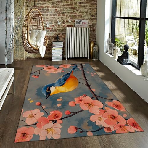 Blumen Vogel Bereich Teppich Zartes bemaltes Design mit rosa Pfirsich Blüten & sitzenden Vögeln Rustikaler Hintergrund Boho Home Decor Matte 120x150cm von UERWOWELL