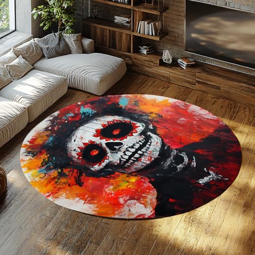 Boho Skull Art 150cm - Runder Teppich Tag der Toten Dekor Aquarell Skelettmuster Gemütlicher waschbarer Niederflorteppich für Wohnzimmer Schlafzimmer von UERWOWELL