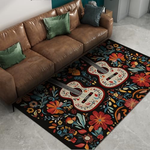 Boho Style Area Teppiche 100x150cm Traditionelle Kunst Gitarren und Blumenmuster Low Flor Teppich für Wohnzimmer Schlafzimmer Tag der Toten Dekor Boho Style Area Teppiche 100x150cm Traditionelle Kunst Gitarren und Blumenmuster Low Flor Teppich für Wohnzimmer Schlafzimmer Tag der Toten Dekor von UERWOWELL