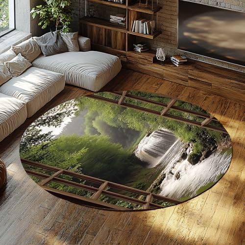 Faltbare runde Teppiche tropischer Regenwald Wasserfall Blick vor dem Fenster dünne Bodenmatte für Wohnzimmer Schlafzimmer Balkon Schlafsaal 90cm von UERWOWELL