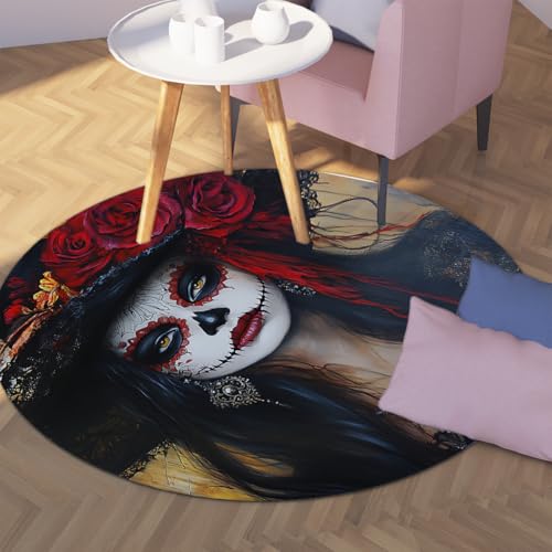 Gothic Stil 200cm - Runder Teppich Tag der Toten Dekor Mysteriöses Mädchen Rote Rosen Muster Gemütlicher waschbarer Niederflorteppich für Wohnzimmer Schlafzimmer von UERWOWELL