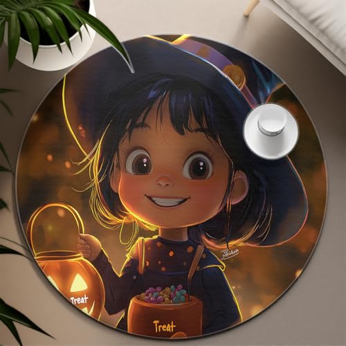 Halloween Hexe Stil Runder Teppich 240cm Süßes oder Saures Thema Niedliches Mädchen Muster Innenteppich Waschbar Weich Dünn für Kinderzimmer Schlafzimmer von UERWOWELL