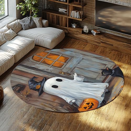 Halloween Kürbis Dekor Runder Teppich 140cm Cartoon Stil Niedlicher Geist Schwarze Katze Muster Innenteppich Weicher niedriger Flor für Wohnzimmer Schlafzimmer Halloween Kürbis Dekor Runder Teppich 140cm Cartoon Stil Niedlicher Geist Schwarze Katze Muster Innenteppich Weicher niedriger Flor für Wohnzimmer Schlafzimmer von UERWOWELL