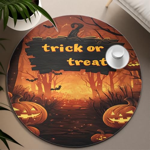 Holiday Decor Runder Teppich 150cm Süßes oder Saures Halloween Kürbisse und Fledermäuse Druck Boden Teppich waschbar weich dünn für Wohnzimmer Schlafzimmer Holiday Decor Runder Teppich 150cm Süßes oder Saures Halloween Kürbisse und Fledermäuse Druck Boden Teppich waschbar weich dünn für Wohnzimmer Schlafzimmer von UERWOWELL