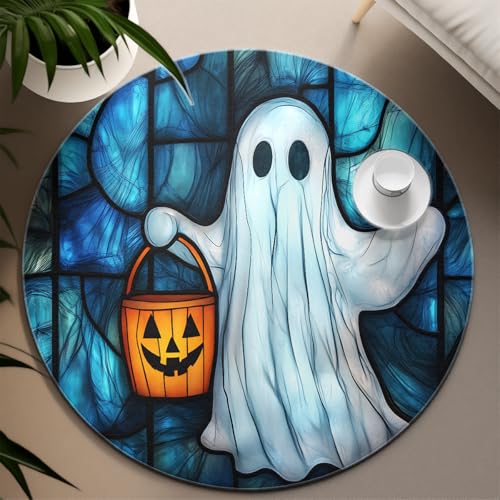 Indoor 180cm Runde Teppiche Halloween Buntglas Lustiger Geist Kürbis Muster Boden Teppich Waschbar Gemütlich Niedriger Flor für Kinderzimmer Lounge Indoor 180cm Runde Teppiche Halloween Buntglas Lustiger Geist Kürbis Muster Boden Teppich Waschbar Gemütlich Niedriger Flor für Kinderzimmer Lounge von UERWOWELL