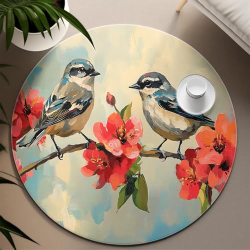 Leicht zu reinigende runde Teppiche 100cm Aquarell Kunst Blumen- und Vogelmuster niedriger Flor Kreis Teppich für Wohnzimmer Konferenzraum Schlafzimmer Nachttisch von UERWOWELL