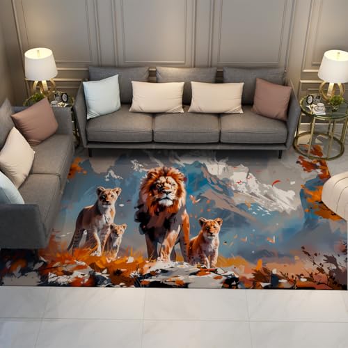Lion Family 60x120cm Area Teppich Verschneite Berge und Grasland Wildlife Muster Fußmatten für Wohnzimmer Schlafzimmer Balkon Waschbar Niederflor von UERWOWELL