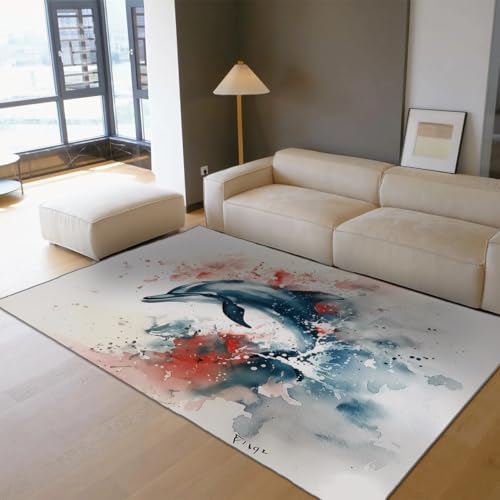Low Pile 60x90cm Area Teppich Aquarell Kunst Ozean Wellen und Delphin Muster Fußmatten für Wohnzimmer Arbeitszimmer Schlafzimmer Studio Eingang Leicht Reinigung von UERWOWELL