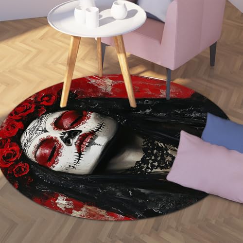 Mexikanische Volkskunst 140cm - Runder Teppich Tag der Toten Dekor Gothic Stil Frau Porträtmuster Gemütlicher waschbarer Niederflorteppich für Ankleidezimmer von UERWOWELL