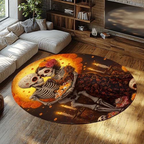 Mexikanische Volkskunst 240cm - Runder Teppich Tag der Toten Skelett Paar Muster Weicher waschbarer Niederflorteppich für Wohnzimmer Schlafzimmer Wohnkultur von UERWOWELL