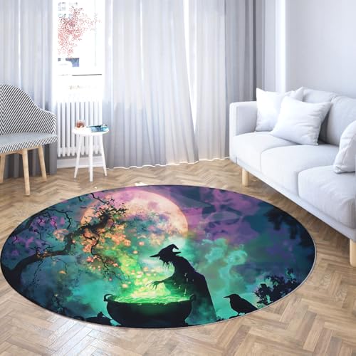 Mystic Witch Style 200cm Runde Teppiche Halloween Dekor Grüner Kessel Vollmond Krähe Druck Boden Teppich Waschbar Niederflor für Wohnzimmer Mystic Witch Style 200cm Runde Teppiche Halloween Dekor Grüner Kessel Vollmond Krähe Druck Boden Teppich Waschbar Niederflor für Wohnzimmer von UERWOWELL