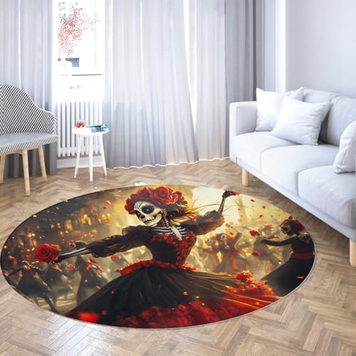 Party-Thema 140cm - Runder Teppich Tag der Toten Dekor Lebendiges Skelett-Tanzmuster Gemütlicher waschbarer Niederflorteppich für Wohnzimmerbühne Party-Thema 140cm - Runder Teppich Tag der Toten Dekor Lebendiges Skelett-Tanzmuster Gemütlicher waschbarer Niederflorteppich für Wohnzimmerbühne von UERWOWELL