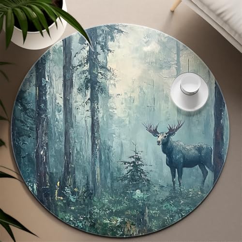 Quiet Forest Round Rugs 150cm Ölgemälde Stil Niedlicher Elchmuster Low Pile Circle Teppich für Gästezimmer Sofa Flur Soft Easy Clean von UERWOWELL