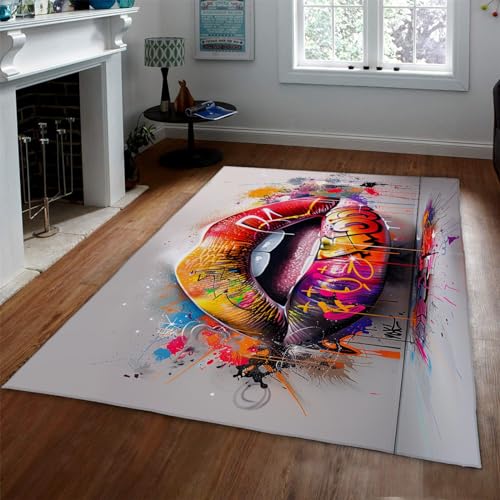 Rechteckige Teppiche für Wohnzimmer Farbige Lippe Graffiti Läufer Teppich Badezimmer Teppich Schlafzimmer Teppich Home Office Teppiche mit Gummirücken 60x120cm von UERWOWELL