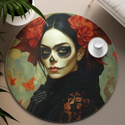 Rose Butterfly 200cm - Runder Teppich Tag der Toten Dekor Gothic Stil Mysteriöses Mädchen Muster Gemütlicher waschbarer Niederflorteppich für Wohnzimmer Schlafzimmer von UERWOWELL