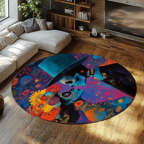Tag der Toten Stil Runde Teppiche 120cm Boho Blumen Skelett Paar Muster Niederflor Teppich für Wohnzimmer Sofa Schlafzimmer Tag der Toten Stil Runde Teppiche 120cm Boho Blumen Skelett Paar Muster Niederflor Teppich für Wohnzimmer Sofa Schlafzimmer von UERWOWELL