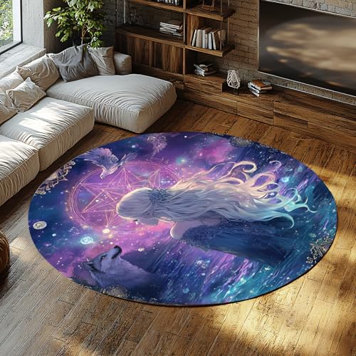 Traumhafter Ozean Runder Teppich Mysteriöses Mädchen und Wolf und Adler Muster Gothic Stil Dünner kreisförmiger Teppich für Wohnzimmer Schlafzimmer Küche 180cm von UERWOWELL