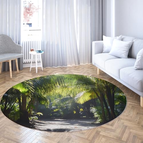 Tropischer Regenwald Runder Teppich 90cm Grüne Palmen Sonniger Weg Dünne Fußmatten für Wohnzimmer Schlafzimmer Exotischer Dschungel Wohnkultur von UERWOWELL