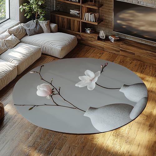 UERWOWELL 120cm Dünner runder Teppich im chinesischen Stil Blumenkunst Vase & Magnoliendruck Große Teppiche für Tee Arbeitszimmer Wohnzimmer waschbar von UERWOWELL