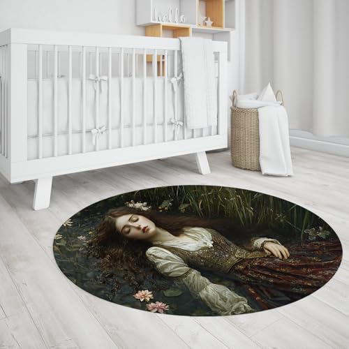 UERWOWELL 160cm Runder dünner Teppich Schlafendes Mädchen & Seerosendruck Große Innenteppiche für Schlafzimmer Nachttisch waschbar Vintage Wohnkultur von UERWOWELL