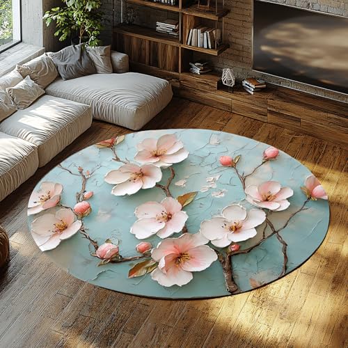 UERWOWELL 3D Floral Art 90cm Runde Teppiche Ölgemälde Stil Frühling Blüte Niederflor Teppich für Wohnzimmer Kunst Studio Lounge Waschbar Faltbar von UERWOWELL