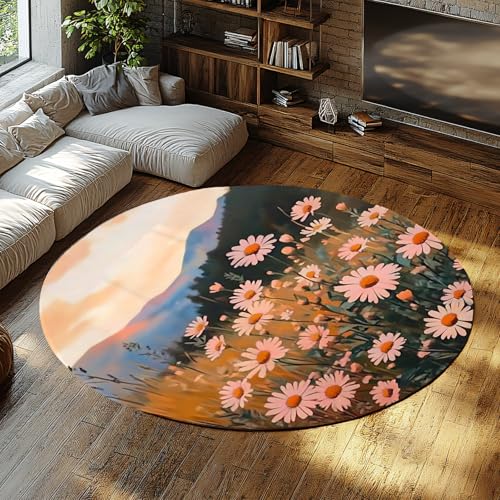 UERWOWELL 90cm Runder Teppich Rosa Gänseblümchen Felddruck Große Innenteppiche für Nachttisch Kinderzimmer Waschbar Dünn Blumen Malerische Wohnkultur UERWOWELL 90cm Runder Teppich Rosa Gänseblümchen Felddruck Große Innenteppiche für Nachttisch Kinderzimmer Waschbar Dünn Blumen Malerische Wohnkultur von UERWOWELL
