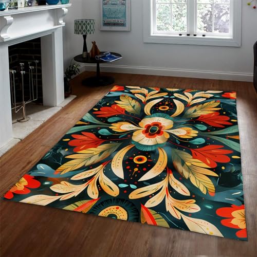 UERWOWELL Abstrakte Blumen Wohnzimmerteppiche Böhmischer Stil Teppich Matte Exotik Mehrfarbiger Flauschiger Teppich für Schlafzimmer Tiefflor Eingang Fußmatte 120x180cm von UERWOWELL