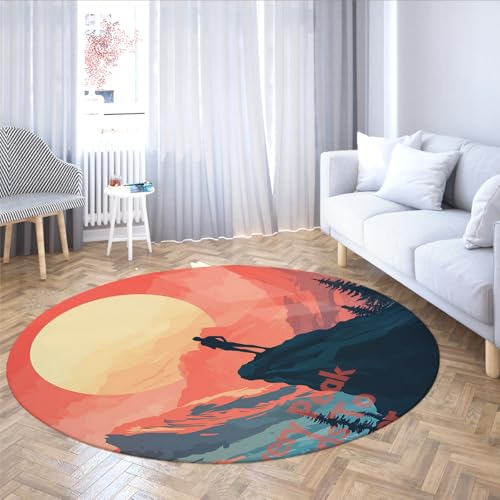 UERWOWELL Adventure Style 90cm Runde Teppiche Low Flor Waschbar Mountain Sunset Scenery Bodenteppich für Wohnzimmer Schlafzimmer Tragbar Faltbar von UERWOWELL