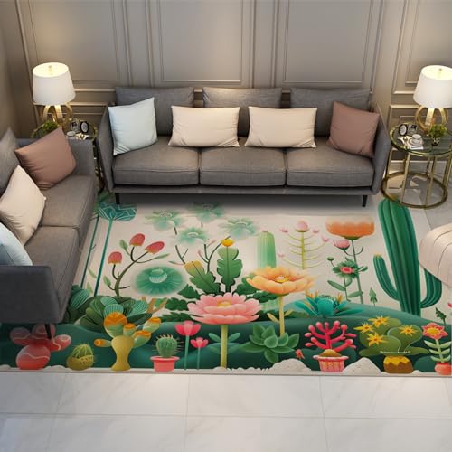 UERWOWELL Amerikanischer Stil Abstrakter Pflanzenteppich für Eingang Kaktus Blumen Tropische Bodenmatte Cartoon Mehrfarbige Aquarell Kinder Schlafzimmer Teppich 80x150cm von UERWOWELL