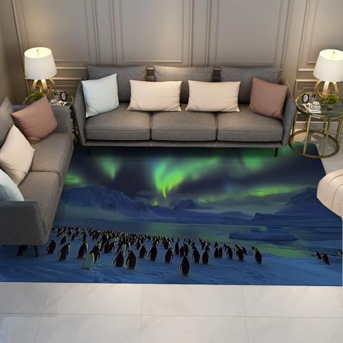 UERWOWELL Antarktis-Pinguin Dünne Teppiche Grün Aurora Schneebedeckte Berglandschaft Bodenteppich für Schlafzimmer Waschküche Gemütlich waschbar rutschfest 160x220cm von UERWOWELL
