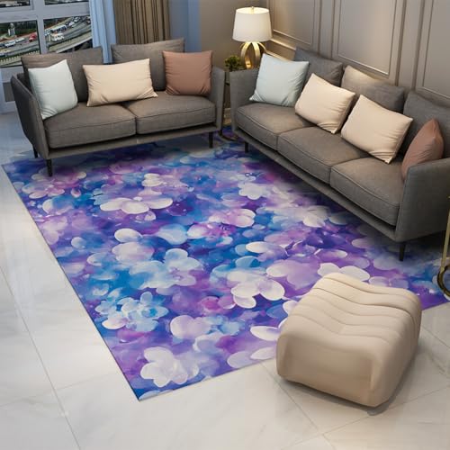 UERWOWELL Aquarell Blumenteppiche 80x150cm waschbar lila und Blaue Blumenmuster dünne Bodenmatte für Schlafzimmer Wohnzimmer Sofa von UERWOWELL