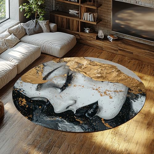 UERWOWELL Aquarell Splashes Runde Teppiche Schwarz und Grau Kunst Abstrakte Frau Gesichtsmuster Niedriger Flor Teppich für Wohnzimmer Schlafzimmer Eingangsbereich 100cm von UERWOWELL