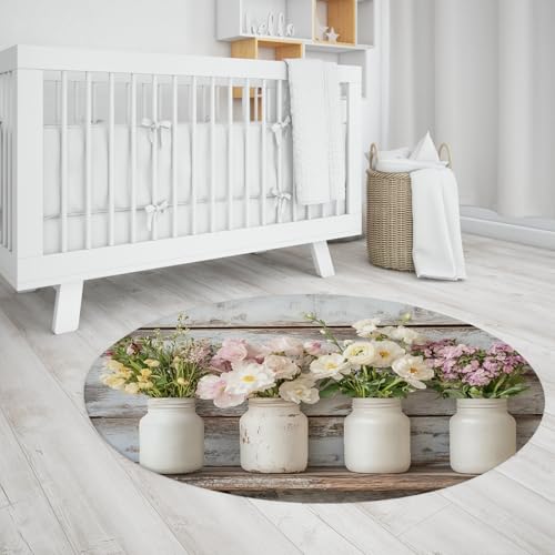 UERWOWELL Bauernhaus Runder Teppich 90cm Bunte Blumen Weiß Einmachglas Muster Fußmatten für Küche Eingangsbereich Wohnzimmer Schlafzimmer Rustikale Wohnkultur von UERWOWELL