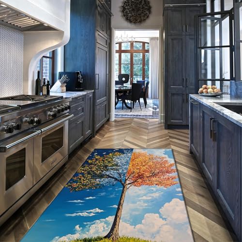 UERWOWELL Baum der 4 Jahreszeiten dünner Teppich Blauer Himmel und grünes Grasmuster Indoor Outdoor Boden Teppiche für Küche Wohnzimmer Schlafzimmer 180x270cm von UERWOWELL