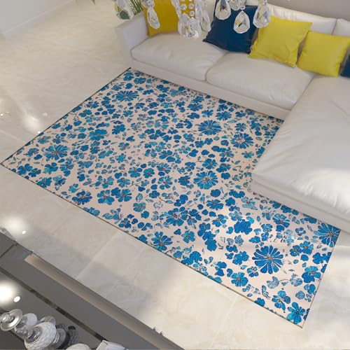 UERWOWELL Blaue Blumen Läufer Teppiche Traditioneller ethnischer Stil Blaues Gänseblümchenmuster Dünner Teppich für Wohn-Esszimmer Gemütlich waschbar rutschfest 140x220cm von UERWOWELL