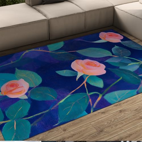 UERWOWELL Blauer Hintergrund Blumenteppiche Romantische Rosa Rosen Muster Niedrige Flor Bodenmatte für Wohnzimmer Schlafzimmer Terrasse rutschfest Waschbar 180x250cm von UERWOWELL