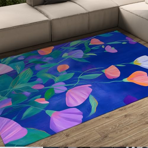 UERWOWELL Blumen Badezimmerteppiche Blauer Hintergrund Bunte Blume Dünner Innenteppich für Wohnzimmer Schlafzimmer Büro Weich Waschbar rutschfest 160x230cm von UERWOWELL