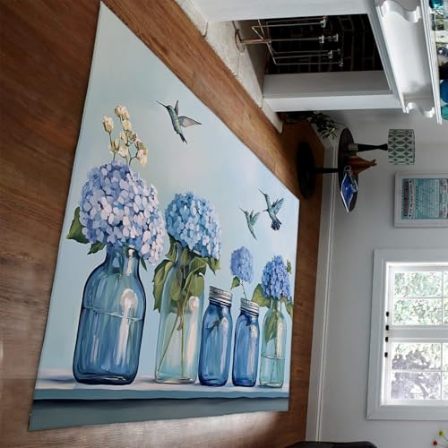 UERWOWELL Blumen & Vögel Bereich Teppich Blau Hortensie & Glas Vase Muster rutschfeste dünne Teppiche für Wohnzimmer Küche Bauernhaus Eingang 160x200cm UERWOWELL Blumen & Vögel Bereich Teppich Blau Hortensie & Glas Vase Muster rutschfeste dünne Teppiche für Wohnzimmer Küche Bauernhaus Eingang 160x200cm von UERWOWELL