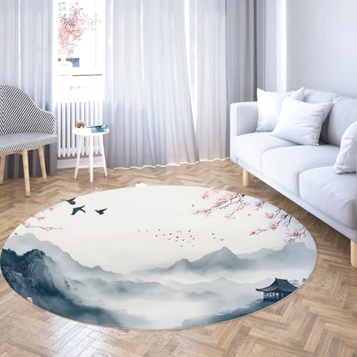 UERWOWELL Blumenkunst Runde Teppiche Chinesische Tinte Stil Berge Pavillon Vögel Blumen Muster Dünner Kreis Teppich für Wohnzimmer Büro Flur 140cm UERWOWELL Blumenkunst Runde Teppiche Chinesische Tinte Stil Berge Pavillon Vögel Blumen Muster Dünner Kreis Teppich für Wohnzimmer Büro Flur 140cm von UERWOWELL