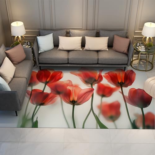 UERWOWELL Boho Blumen Indoor Teppich Waschbar Elegant Rote Tulpen Muster Gemütliche dünne Teppiche 180x300cm für Schlafzimmer Wohnzimmer Sofa Leseecke von UERWOWELL