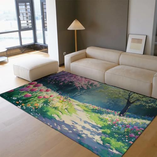 UERWOWELL Boho Blumen waschbarer Teppich Cartoon Frühling Szene Wald Pfad und Blumen gemütliche dünne Teppiche 120x240cm für Schlafzimmer Wohnzimmer Leseecke von UERWOWELL