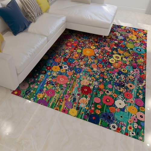 UERWOWELL Boho Floral Großflächenteppich Impressionistischer Stil Lebendige Regenbogenblüten Dünne Fußmatten für Wohnzimmer Badezimmer Terrasse Waschbar 90x150cm von UERWOWELL