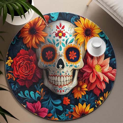 UERWOWELL Boho Floral Round Teppich 140cm Lebendige Blumen & Zuckerschädel Muster Waschbare gemütliche niedrigflorige Kreismatten für den Eingang zum Wohnzimmer Schlafzimmer von UERWOWELL