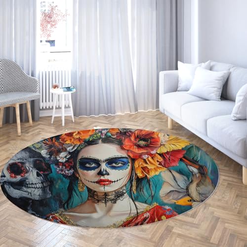UERWOWELL Boho Style 120cm - Runder Teppich Day of The Dead Dekor Lebendiger Blumenschädel Schönes Mädchen Muster Gemütlicher waschbarer Teppich mit niedrigem Flor für das Wohnzimmer UERWOWELL Boho Style 120cm - Runder Teppich Day of The Dead Dekor Lebendiger Blumenschädel Schönes Mädchen Muster Gemütlicher waschbarer Teppich mit niedrigem Flor für das Wohnzimmer von UERWOWELL