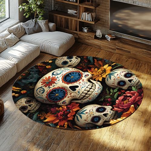 UERWOWELL Boho Style 150cm - Runder Teppich Tag der Toten Zuckerschädel Blumenmuster Gemütlicher waschbarer Teppich mit niedrigem Flor für Wohnzimmer Schlafzimmer Büro von UERWOWELL
