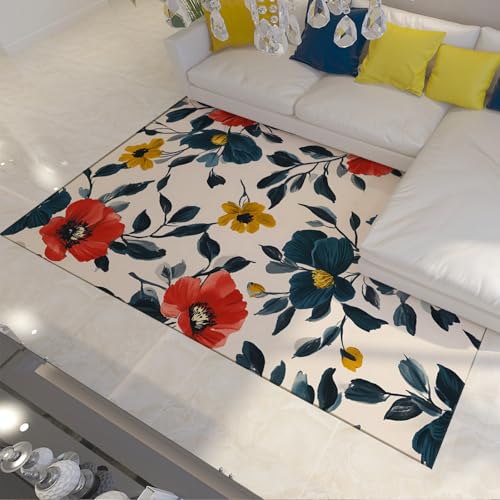 UERWOWELL Boho Style Kleiner Teppich mit Gummirücken Waschbare mehrfarbige botanische Blumen dünne Teppiche für Patio Deck Hinterhof Veranda rutschfest 140x200cm von UERWOWELL