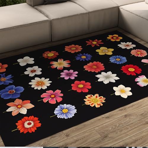 UERWOWELL Bunter Blumenteppich für den Wohnzimmerbereich Verschiedene Blumenmuster Schwarze Teppiche Leicht zu reinigen Waschbare Bodenmatte für das Nachttisch im Schlafzimmer 180x300cm von UERWOWELL