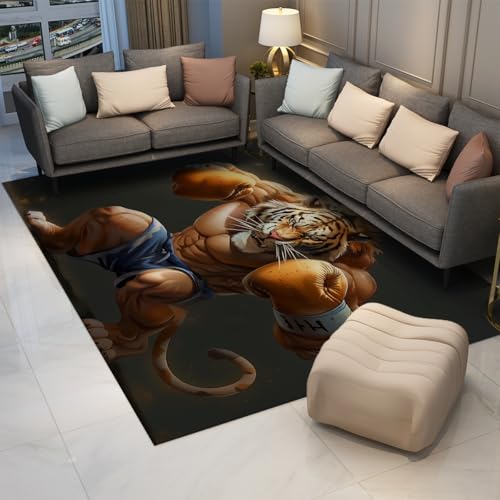 UERWOWELL Cartoon Art Area Teppich 120x150cm Sport Thema Boxen Tiger Muster Dünne Fußmatten für Gym Studio Lounge Büro Eingangsbereich Waschbar rutschfest von UERWOWELL